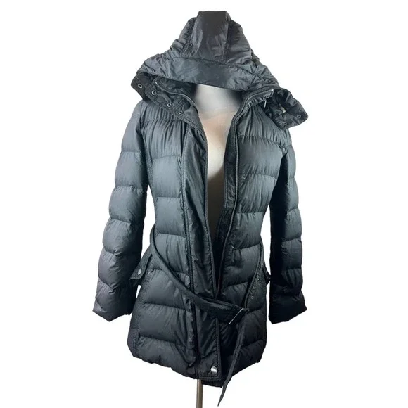 *Flawed Burberry Brit Down Puffer Jacket Coat Belted Hooded Quilted Black Size M - Picture 3 of 16